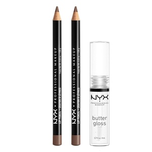 NYX PROFESSIONAL MAKEUP Slim Lip Liner Set, Long-Lasting Creamy Lip Liner Pack Of 3 (Peakaboo Neutral, Nude Pink, Ever)(820 Espresso & Butter Gloss)